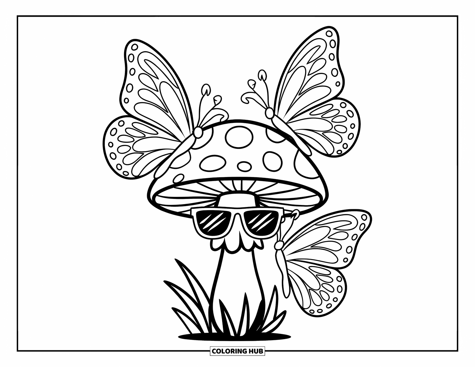 Hippie Mushroom Coloring Page for Kids: Mushroom with sunglasses and butterflies perched on top