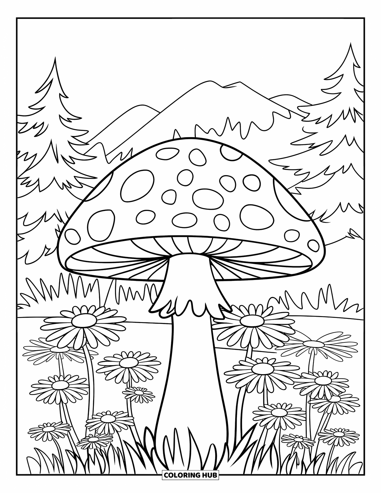 Hippie Mushroom Coloring Page for Kids: Peaceful meadow with daisies and a large center mushroom