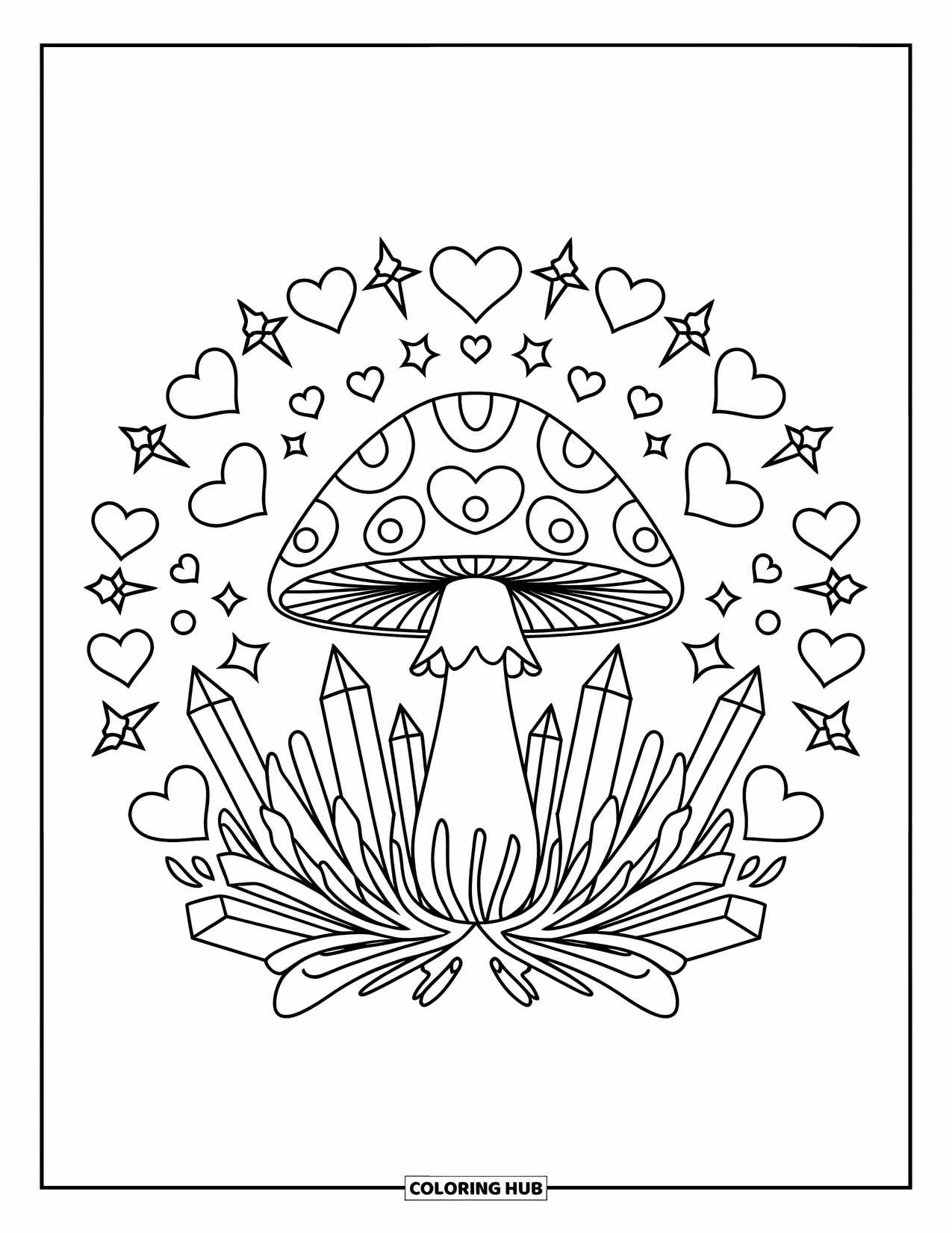 Hippie Mushroom Coloring Page for Kids: Psychedelic mushroom circle with crystals and hearts