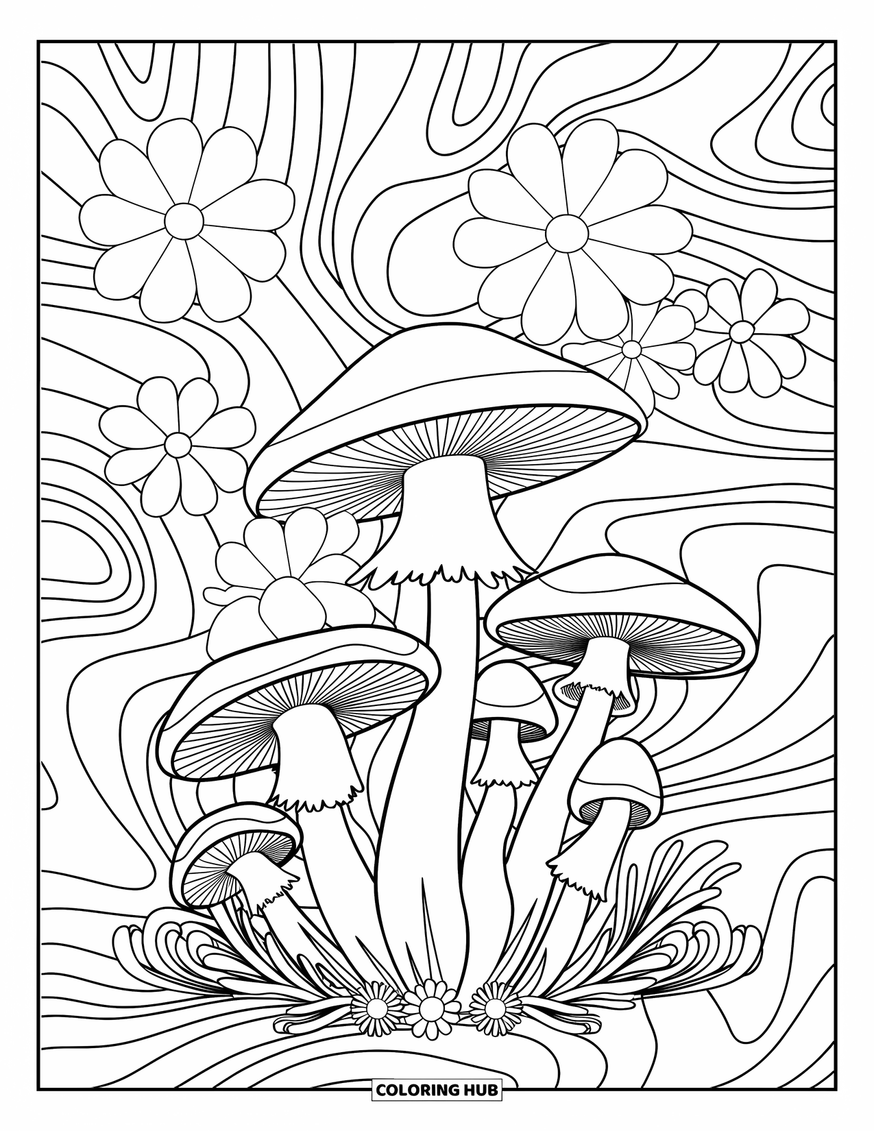 Hippie Mushroom Coloring Page for Kids: Retro mushrooms with bold flowers and swirling backgrounds