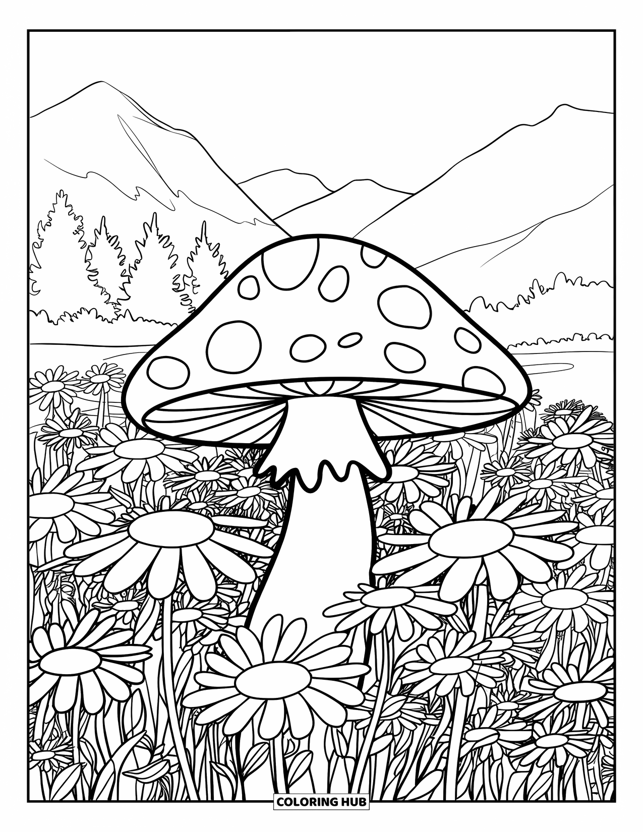 Hippie Mushroom Coloring Page for Kids: Serene daisy field with a big smiling mushroom and clear sky