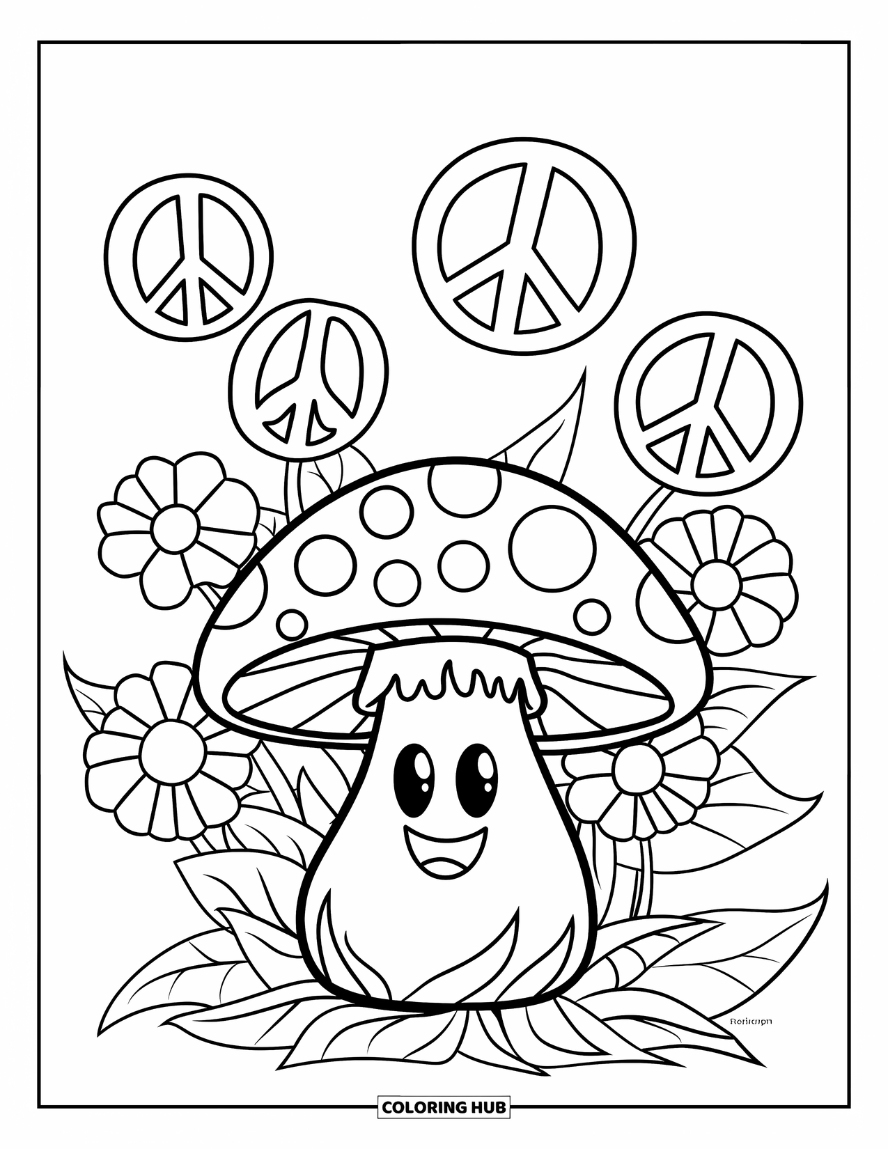 Hippie Mushroom Coloring Page for Kids: Smiley mushroom resting on leaves with chunky peace signs and flowers