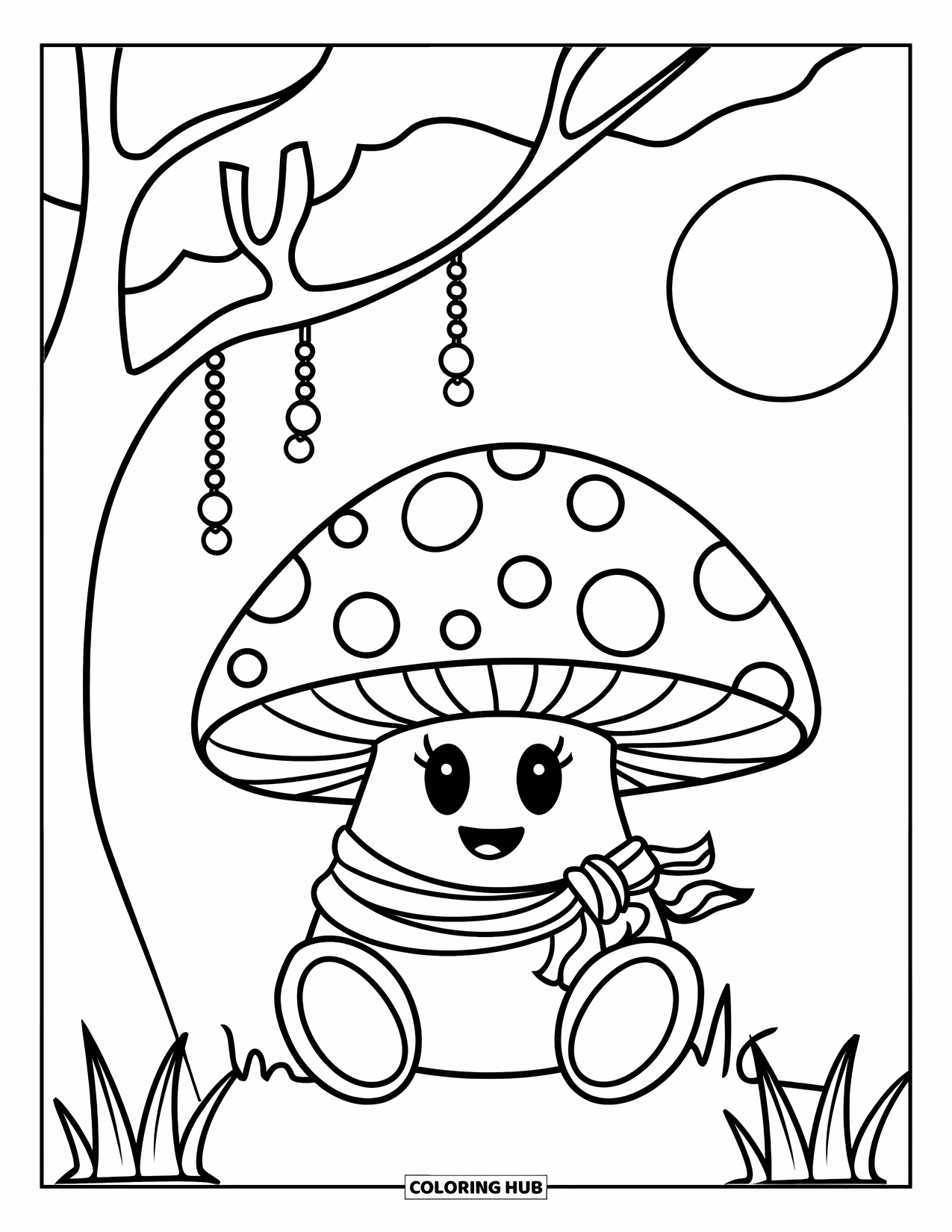 Hippie Mushroom Coloring Page for Kids: Smiling mushroom in a scarf under a tree with hanging beads