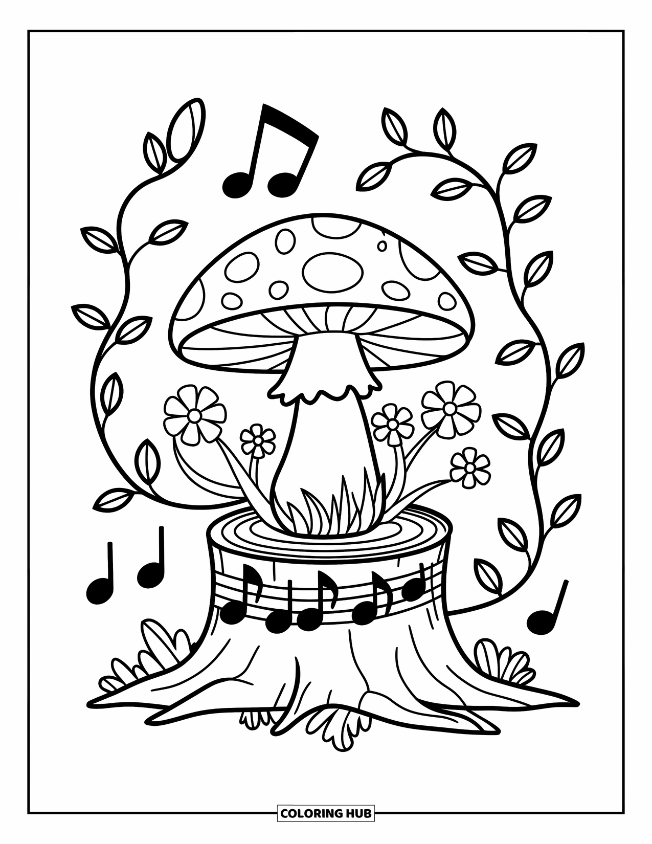 Hippie Mushroom Coloring Page for Kids: Smiling mushroom on a stump with music notes and leafy vines