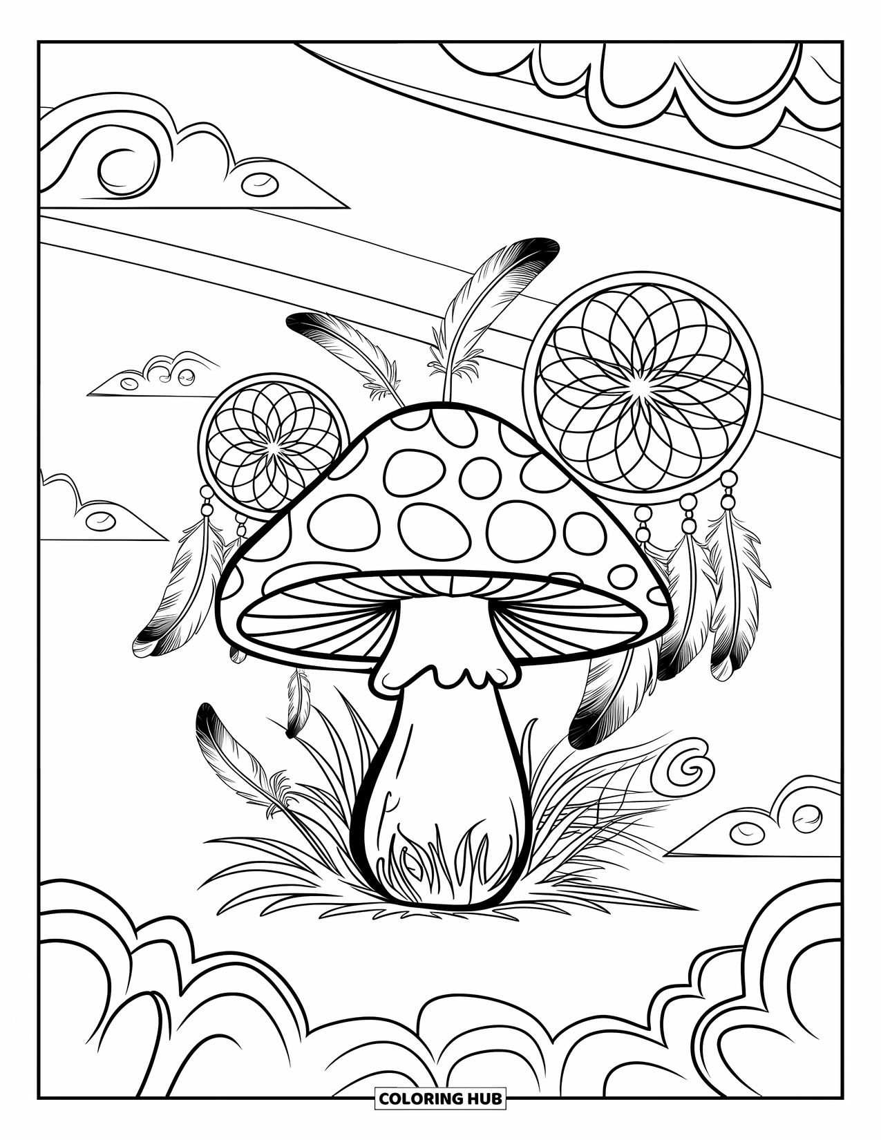 Hippie Mushroom Coloring Page for Kids: Smiling mushroom under a dreamy sky with feathers and soft swirls
