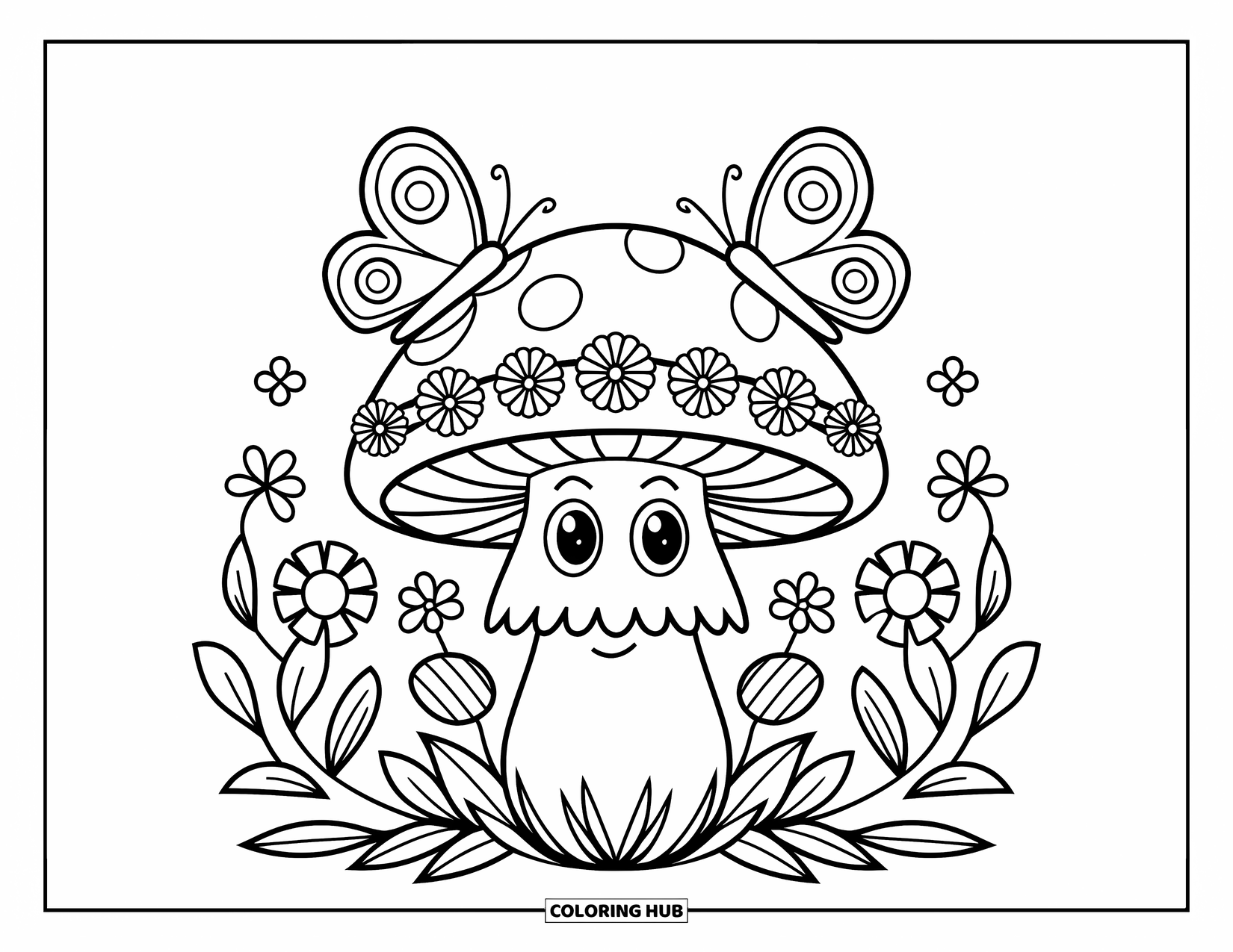 Hippie Mushroom Coloring Page for Kids: Smiling mushroom with butterflies sitting on its flower crown