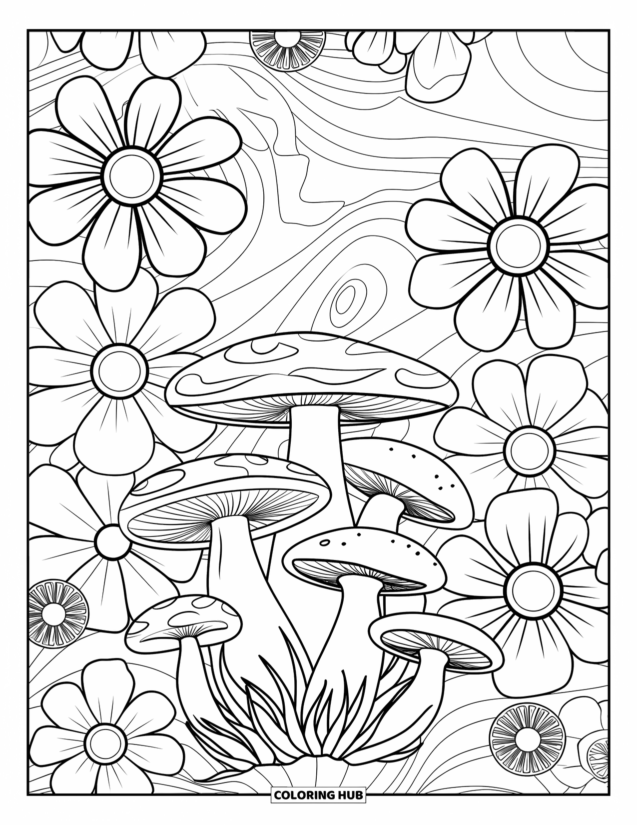Hippie Mushroom Coloring Page for Kids: Spiky mushrooms in a swirling, flower-filled retro field