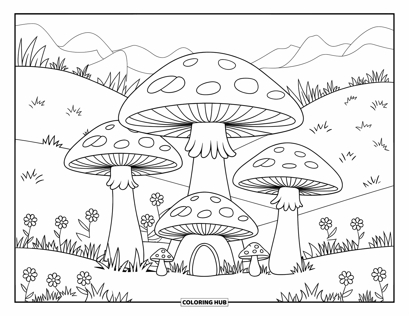 Hippie Mushroom Coloring Page for Kids: Thatched-roof mushroom village with plants and grassy hills
