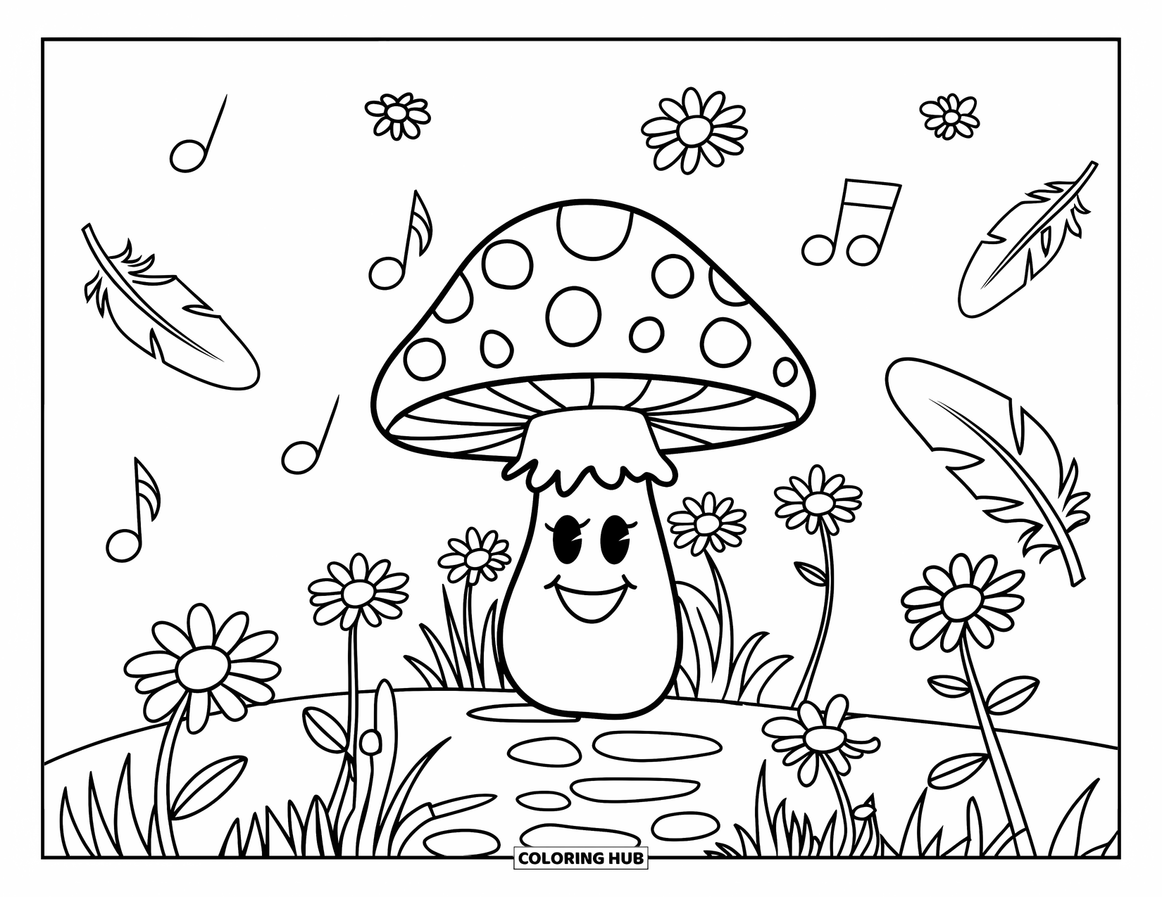Hippie Mushroom Coloring Page for Kids: Trail-side mushroom with daisies, music notes, and feathers