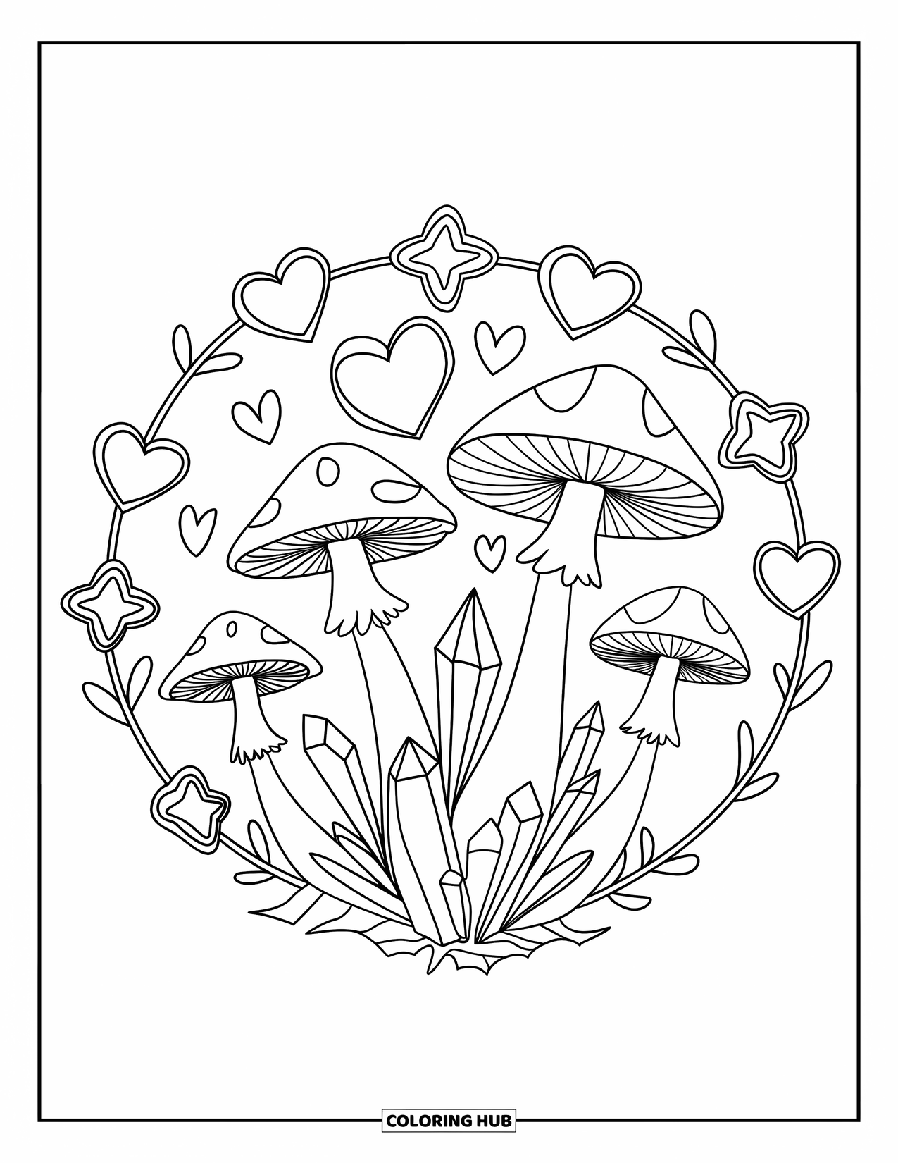 Hippie Mushroom Coloring Page for Kids: Whimsical mushroom ring with stars, hearts, and curly vines