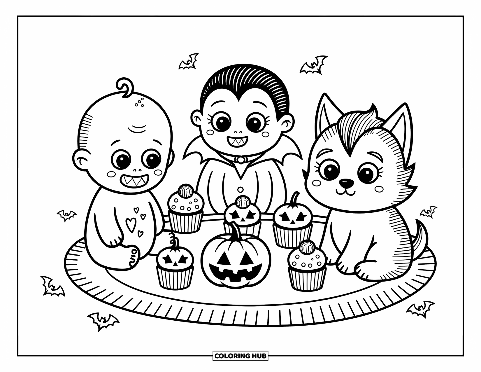 Horror Coloring Page for Adults: A baby zombie, giggling vampire, and shy werewolf enjoy a cozy picnic together