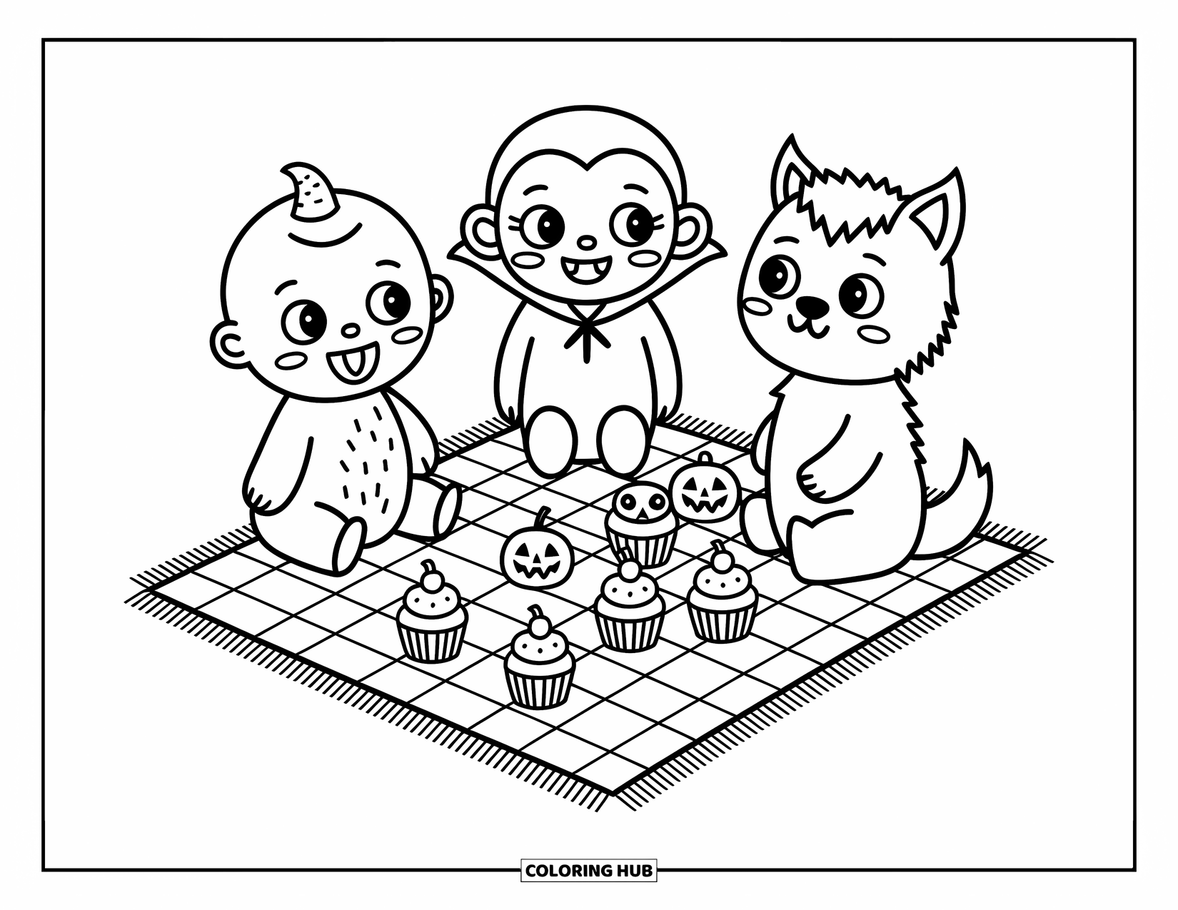 Horror Coloring Page for Adults: A baby zombie, giggling vampire, and shy werewolf gather around a picnic with cupcakes