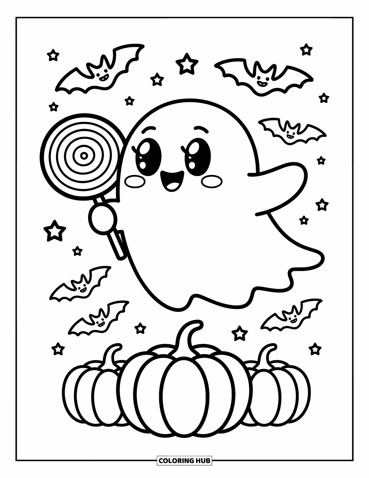 Horror Coloring Page for Adults: A cheerful ghost with a lollipop floats above pumpkins while bats and stars dance around