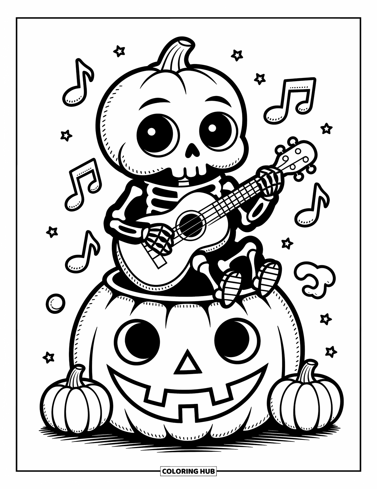 Horror Coloring Page for Adults: A cheerful skeleton with big eyes strums a ukulele on top of a smiling pumpkin