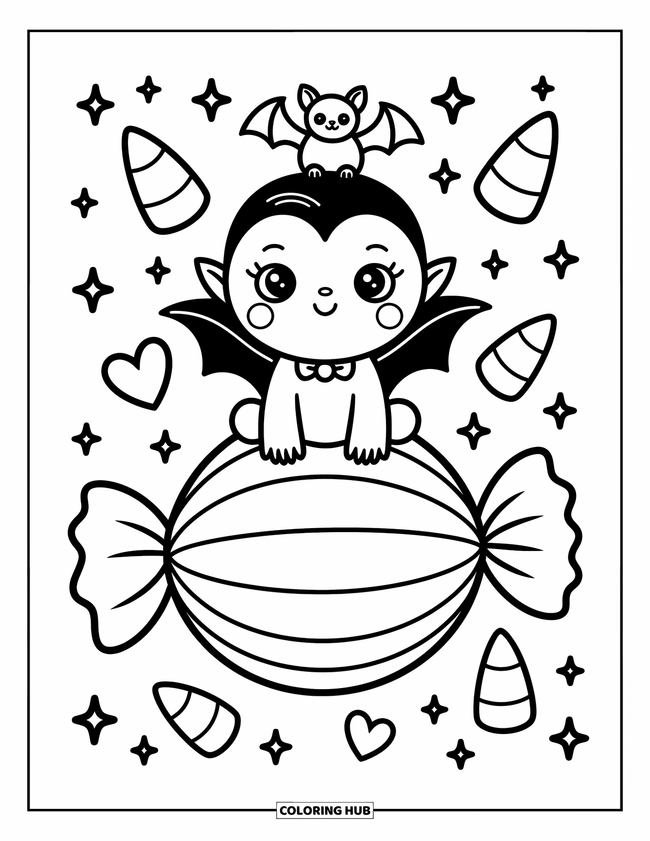 Horror Coloring Page for Adults: A cheerful vampire with big eyes sits atop a candy surrounded by hearts and candy corn