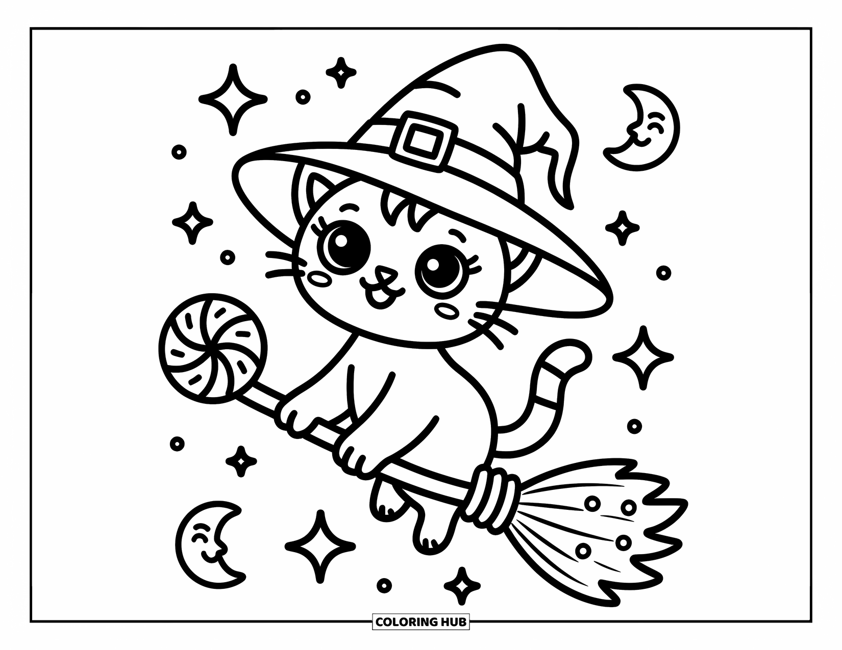 Horror Coloring Page for Adults: A cheerful witch cat rides a candy broomstick with lollipops and sparkling stars