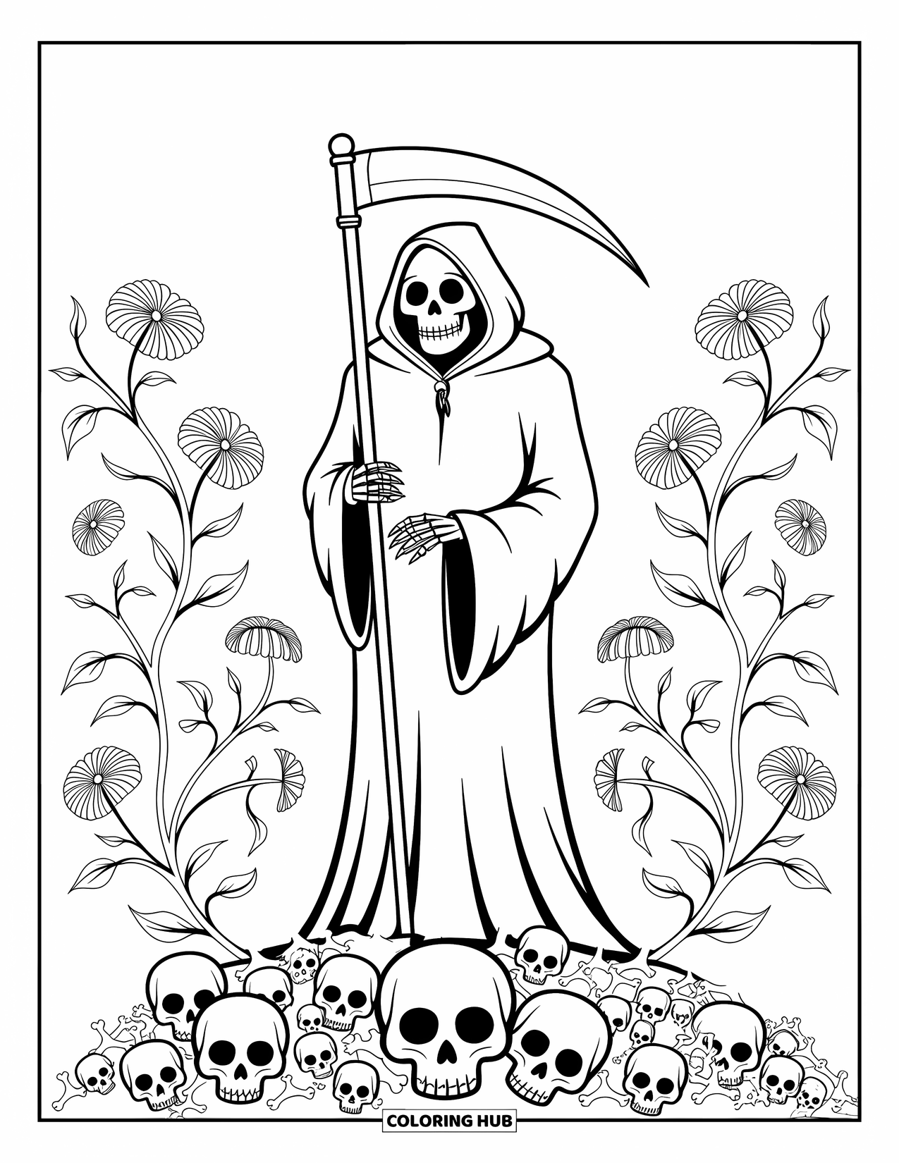 Horror Coloring Page for Adults: A cloaked Grim Reaper stands on a hill of bones with floral and skull patterns around him
