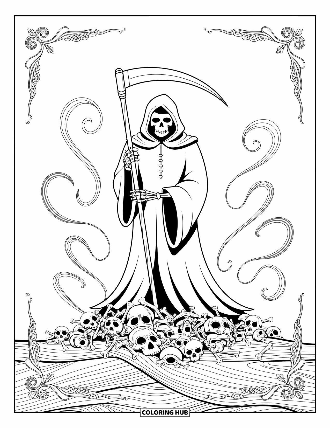 Horror Coloring Page for Adults: A cloaked Grim Reaper stands surrounded by swirling patterns and ornate borders