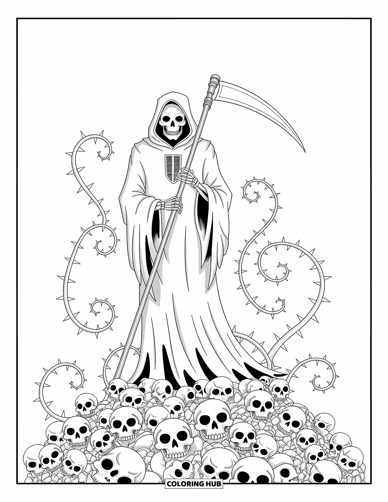 Horror Coloring Page for Adults: A cloaked Grim Reaper stands tall among thorny vines and delicate skulls