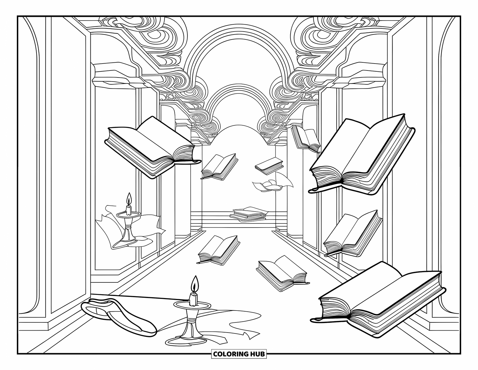 Horror Coloring Page for Adults: A cursed library with floating ancient books and broken candle holders among intricate designs