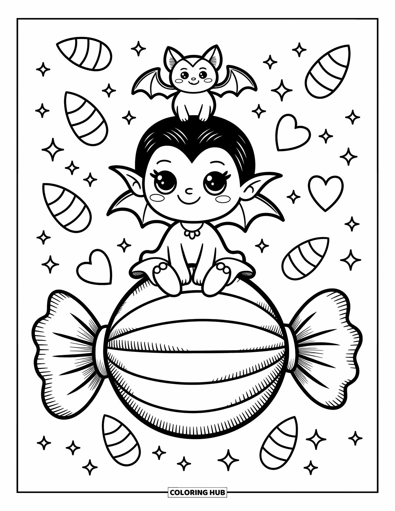 Horror Coloring Page for Adults: A cute vampire and her bat friend sit on a candy surrounded by candy corn and hearts