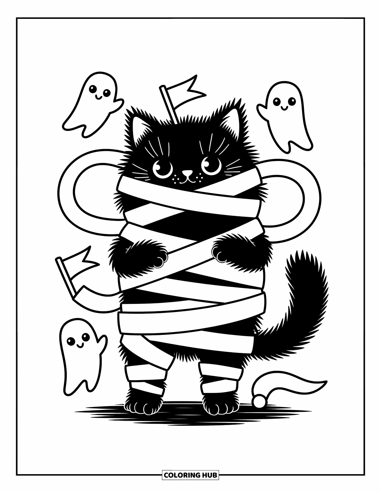 Horror Coloring Page for Adults: A fluffy mini mummy cat plays with bandages as cute ghosts float by