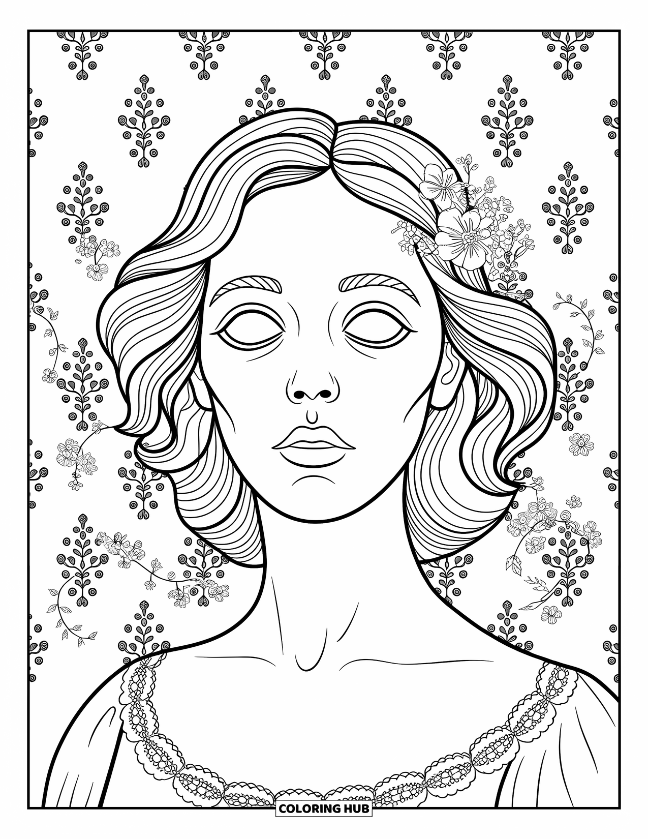 Horror Coloring Page for Adults: A ghostly Victorian woman with flowing hair and hollow eyes framed by lace patterns