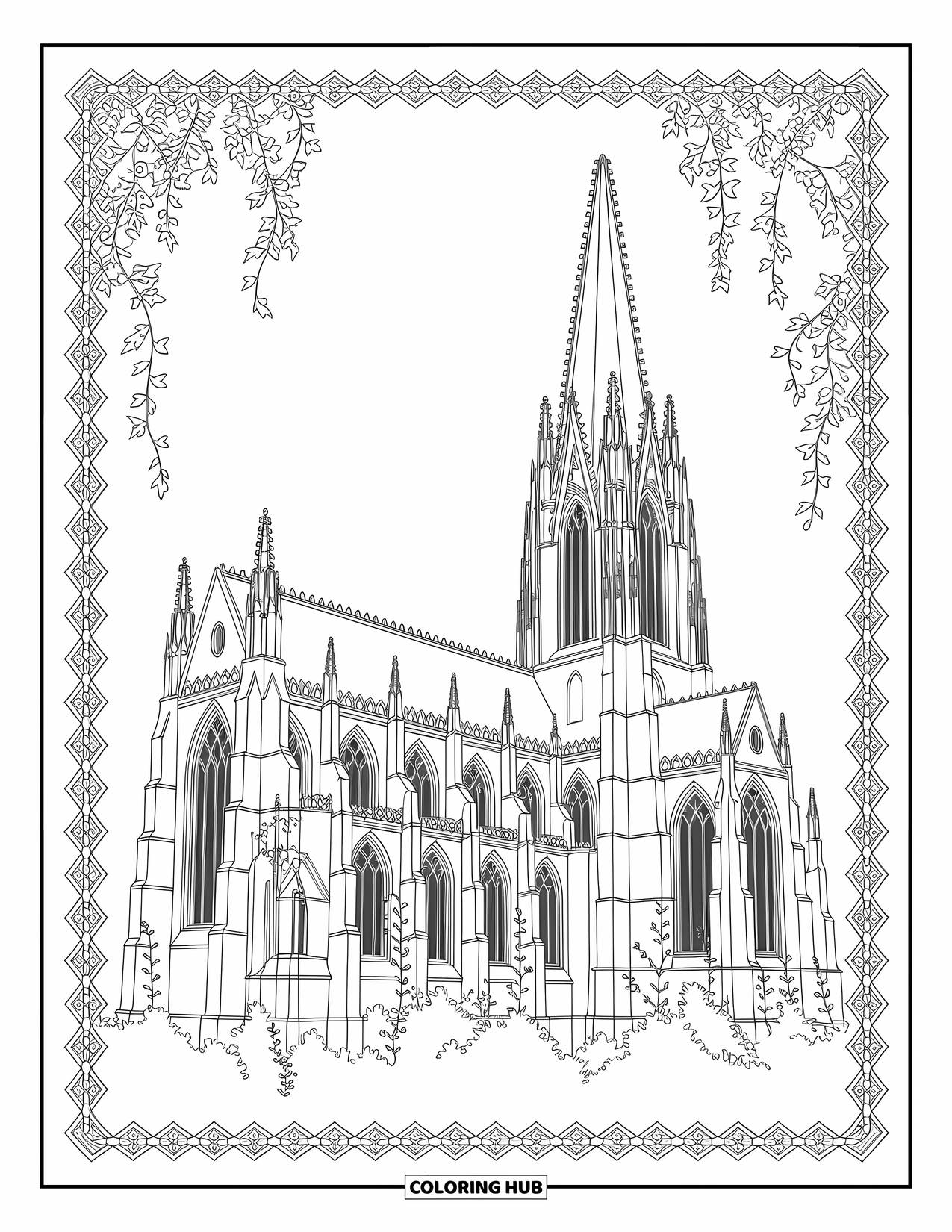 Horror Coloring Page for Adults: A gothic cathedral with grand spires, broken windows, and delicate ivy tendrils