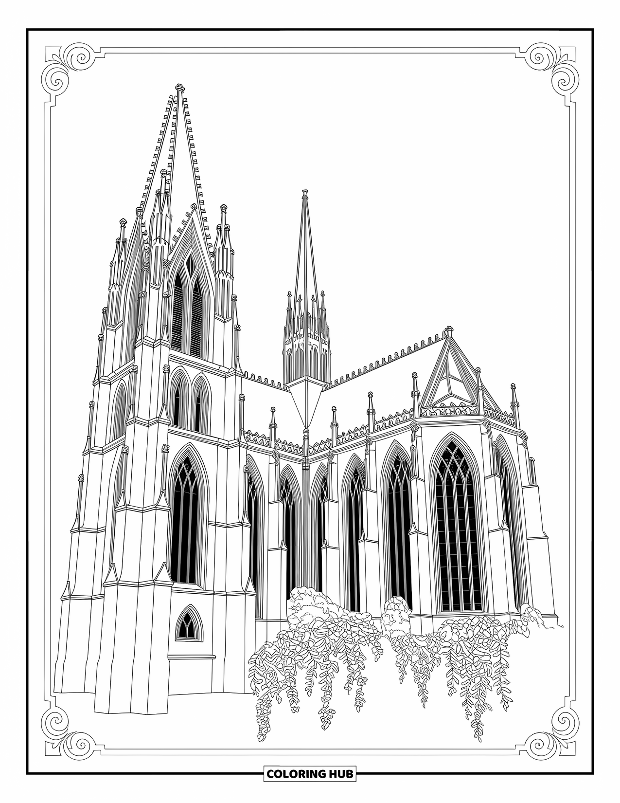 Horror Coloring Page for Adults: A gothic cathedral with soaring spires, broken windows, and elegant swirling vines