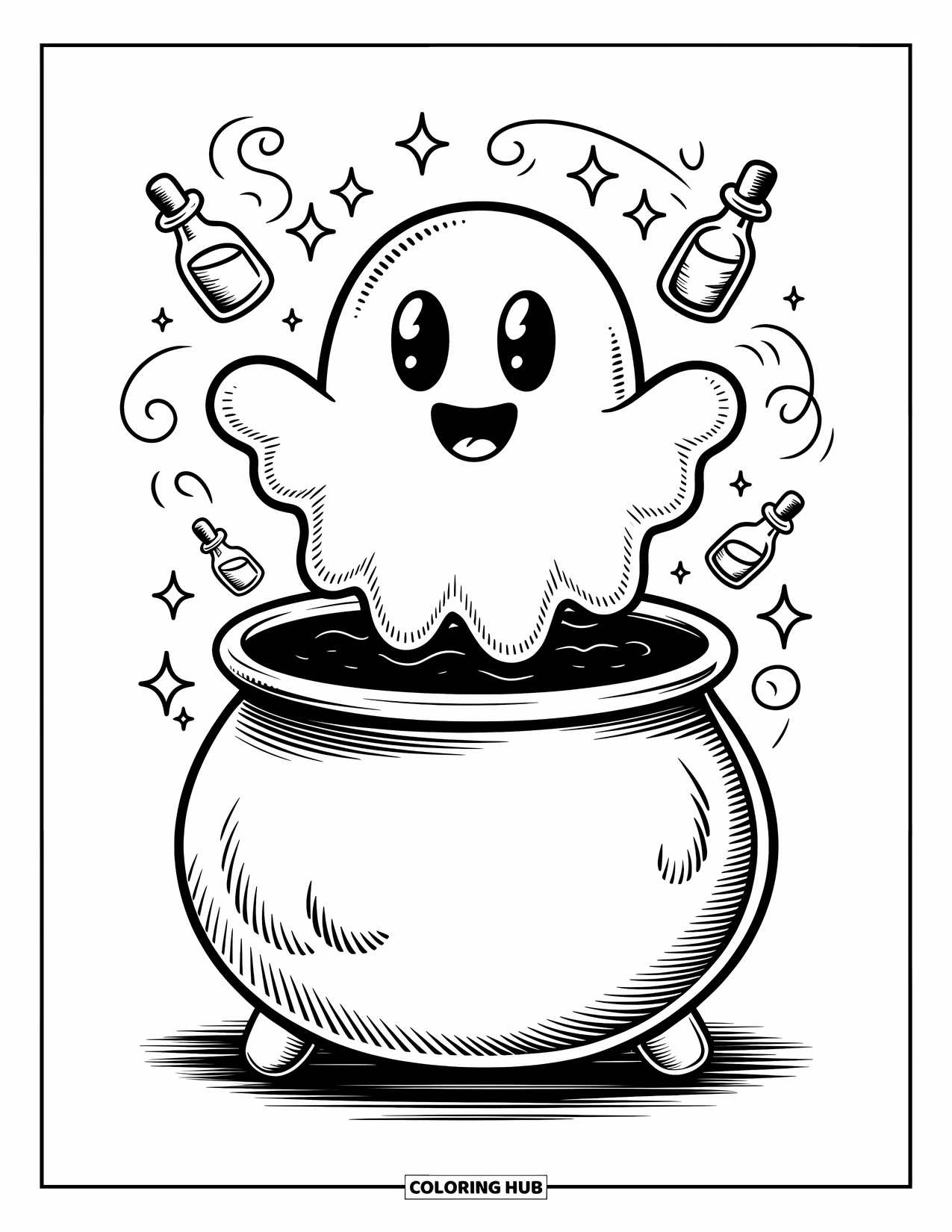 Horror Coloring Page for Adults: A happy ghost rises from a bubbling cauldron surrounded by swirling magic and potions
