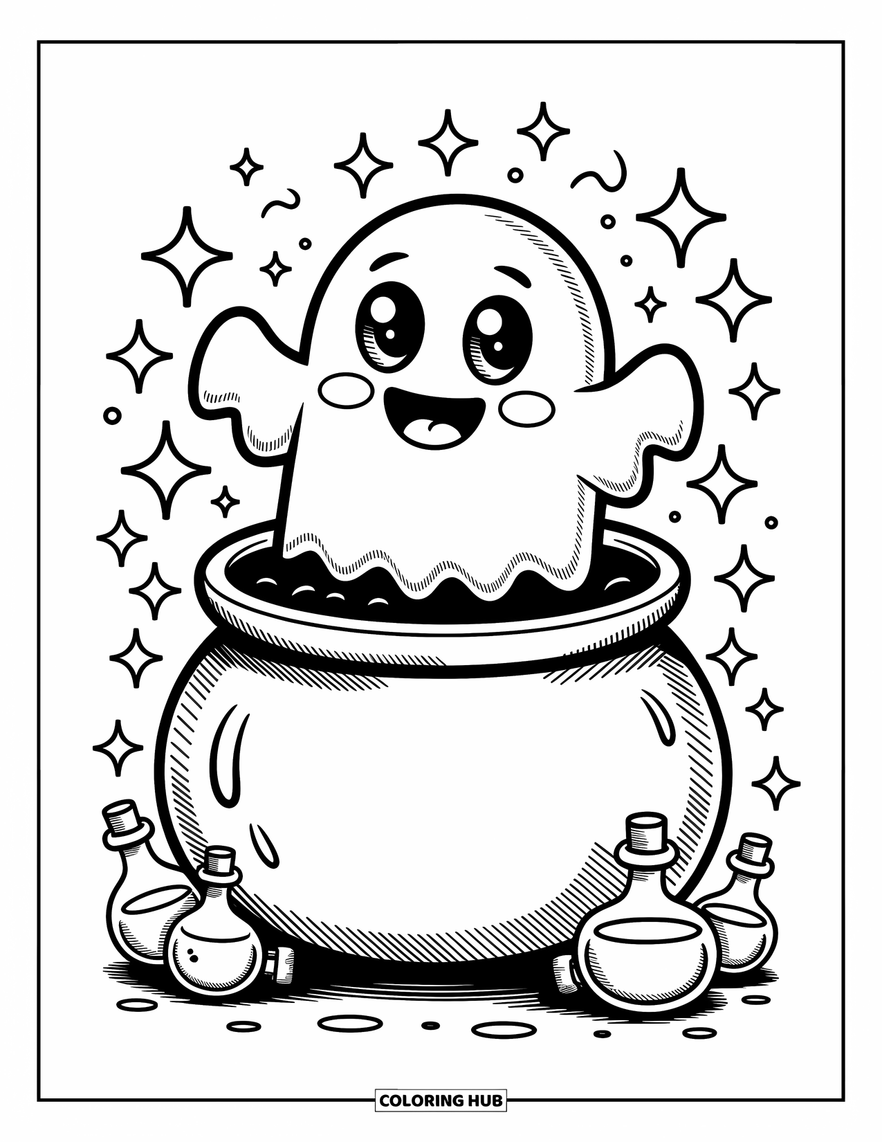 Horror Coloring Page for Adults: A happy ghost with big eyes pops from a cauldron surrounded by magic stars and potions