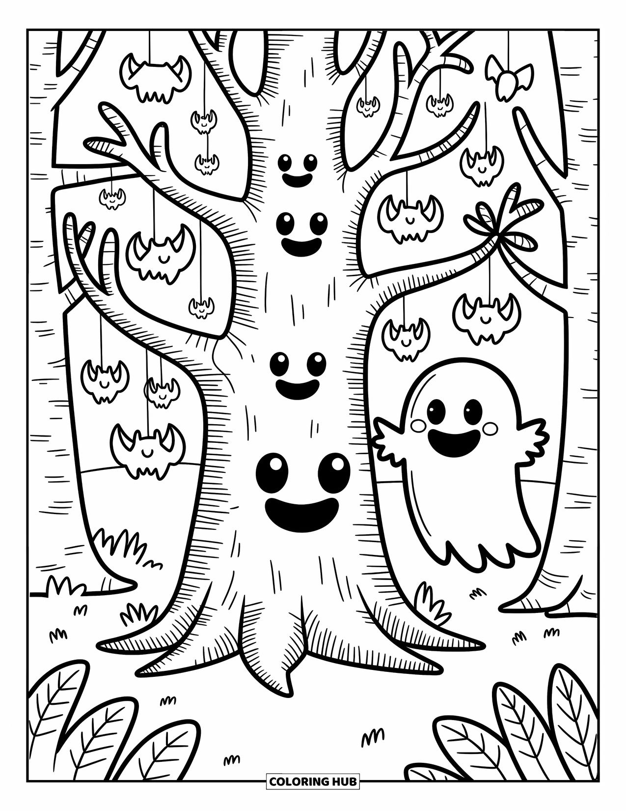 Horror Coloring Page for Adults: A haunted tree with smiling faces and a cheerful ghost tying a ribbon in the forest