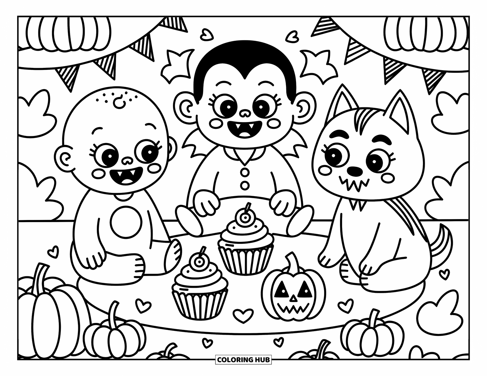 Horror Coloring Page for Adults: A playful monster trio has a picnic surrounded by cupcakes and tiny jack-o'-lanterns