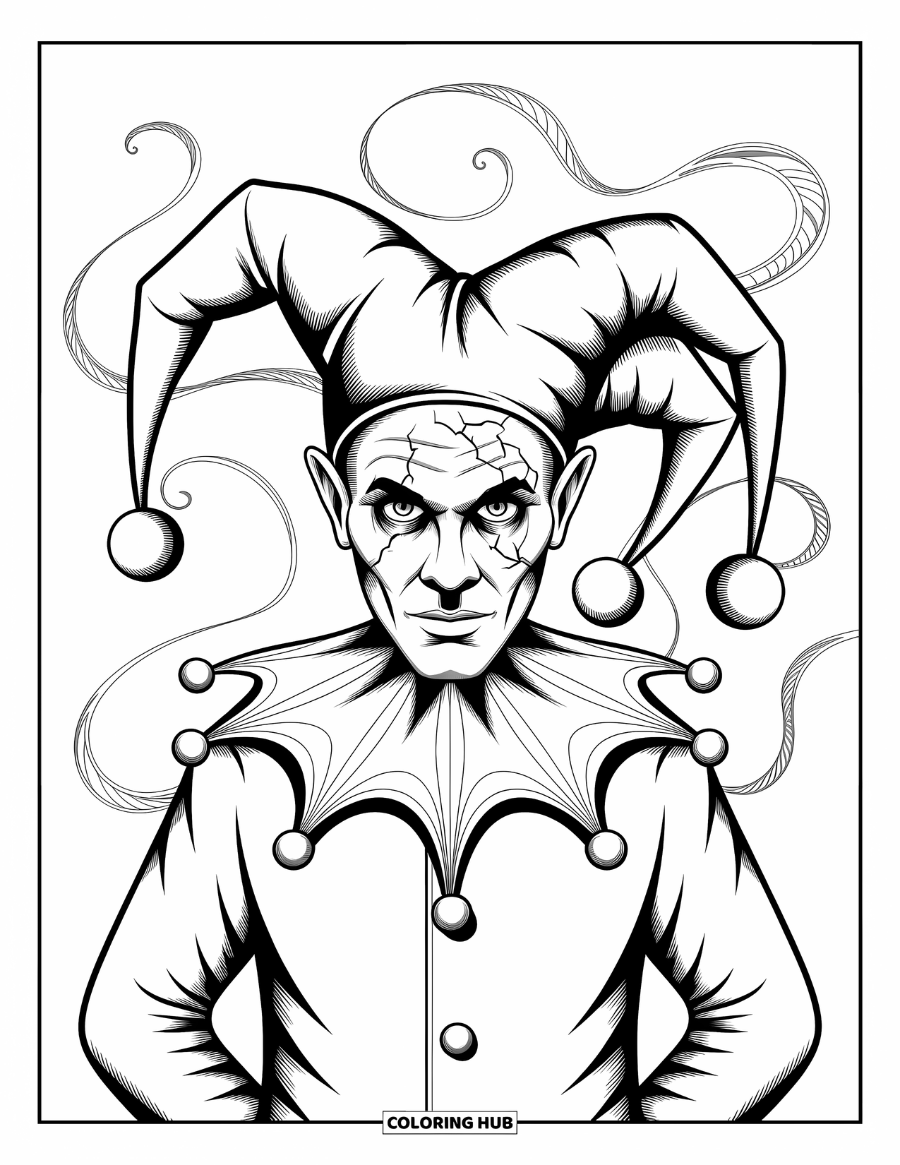 Horror Coloring Page for Adults: A possessed jester outlined boldly with cracked mask details and swirling ribbons