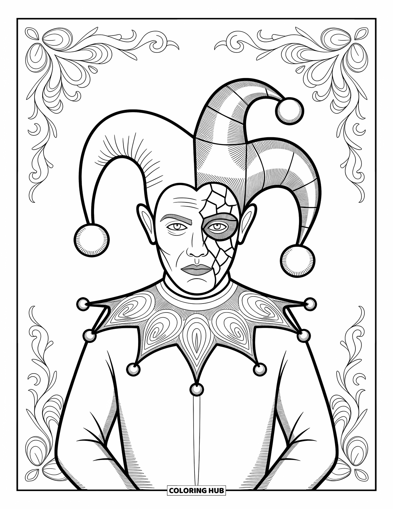 Horror Coloring Page for Adults: A possessed jester with a cracked mask and swirling intricate designs around him
