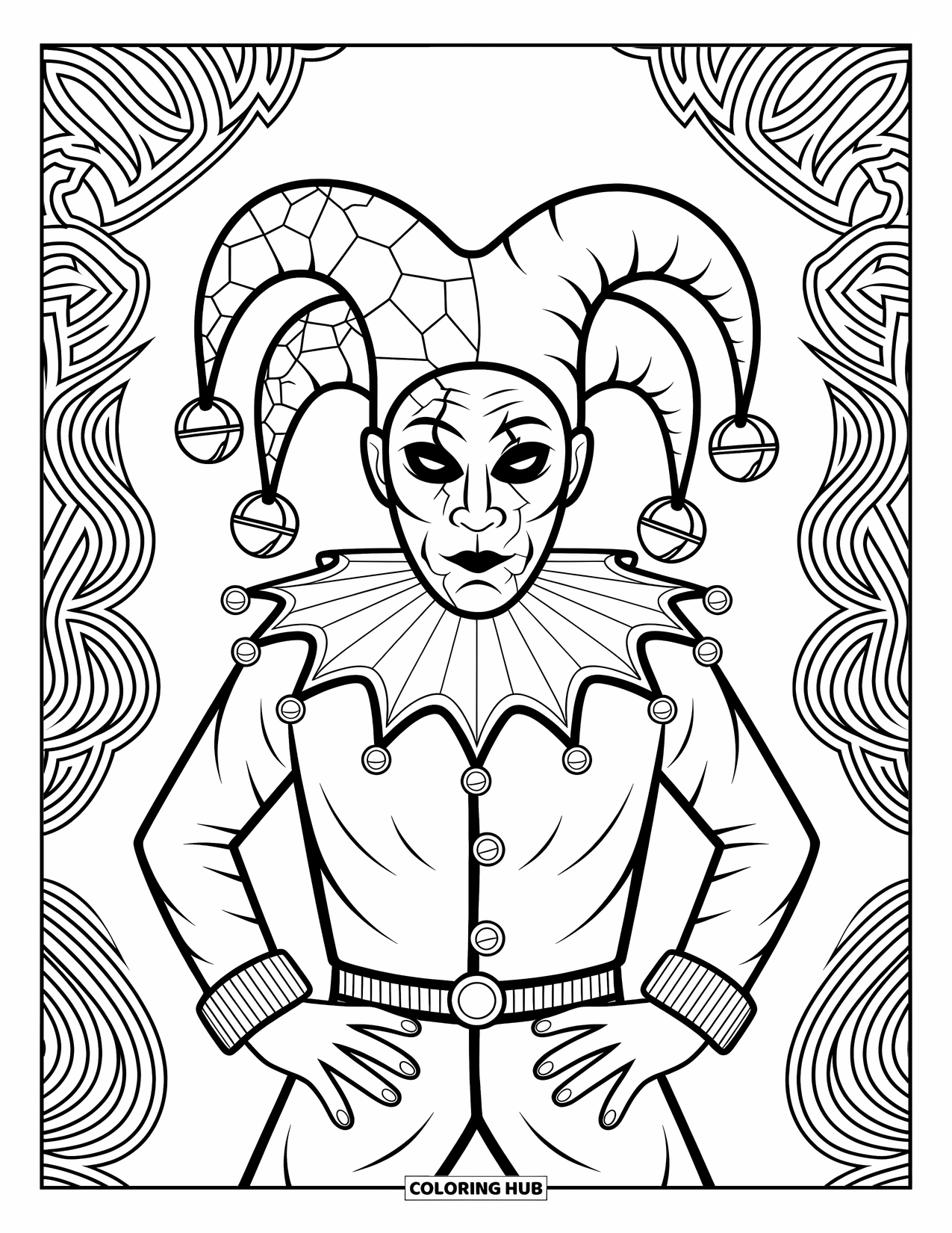 Horror Coloring Page for Adults: A possessed jester with a cracked mask and twisted bells stands among swirling patterns