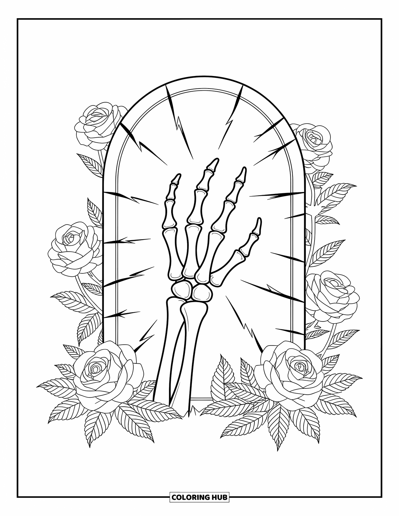 Horror Coloring Page for Adults: A skeletal hand reaches from a cracked grave surrounded by wild roses and swirling patterns