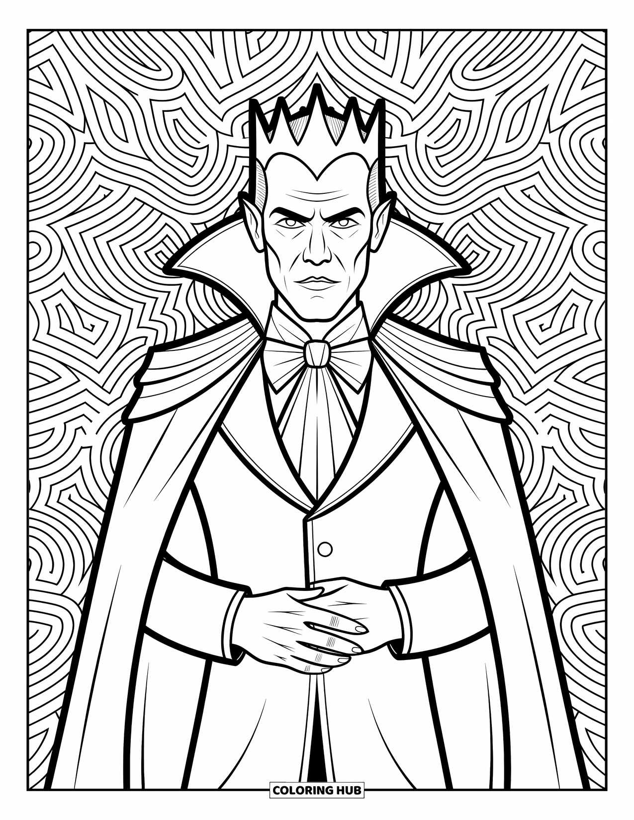 Horror Coloring Page for Adults: A twisted vampire lord stands against a background of swirling, intricate patterns
