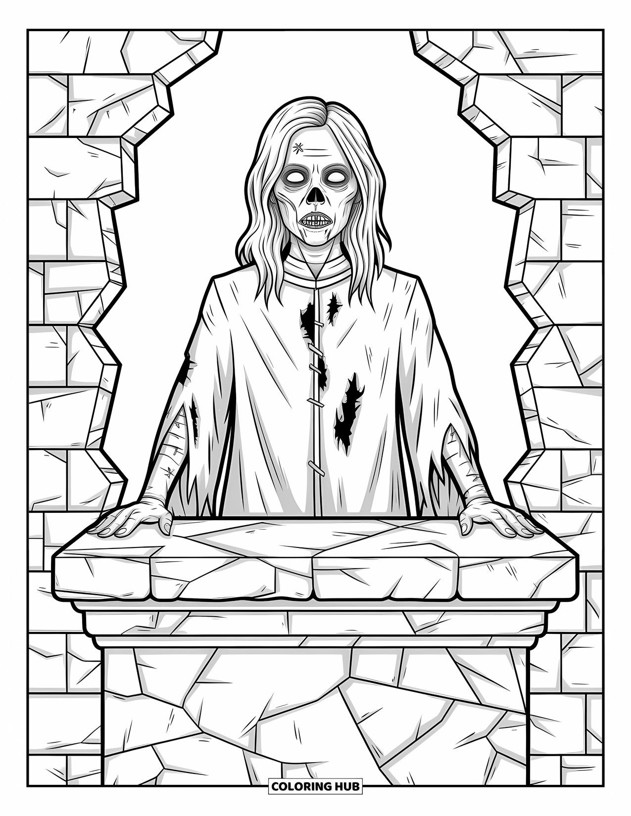 Horror Coloring Page for Adults: A zombie priestess in torn robes faces a crumbling altar surrounded by intricate patterns