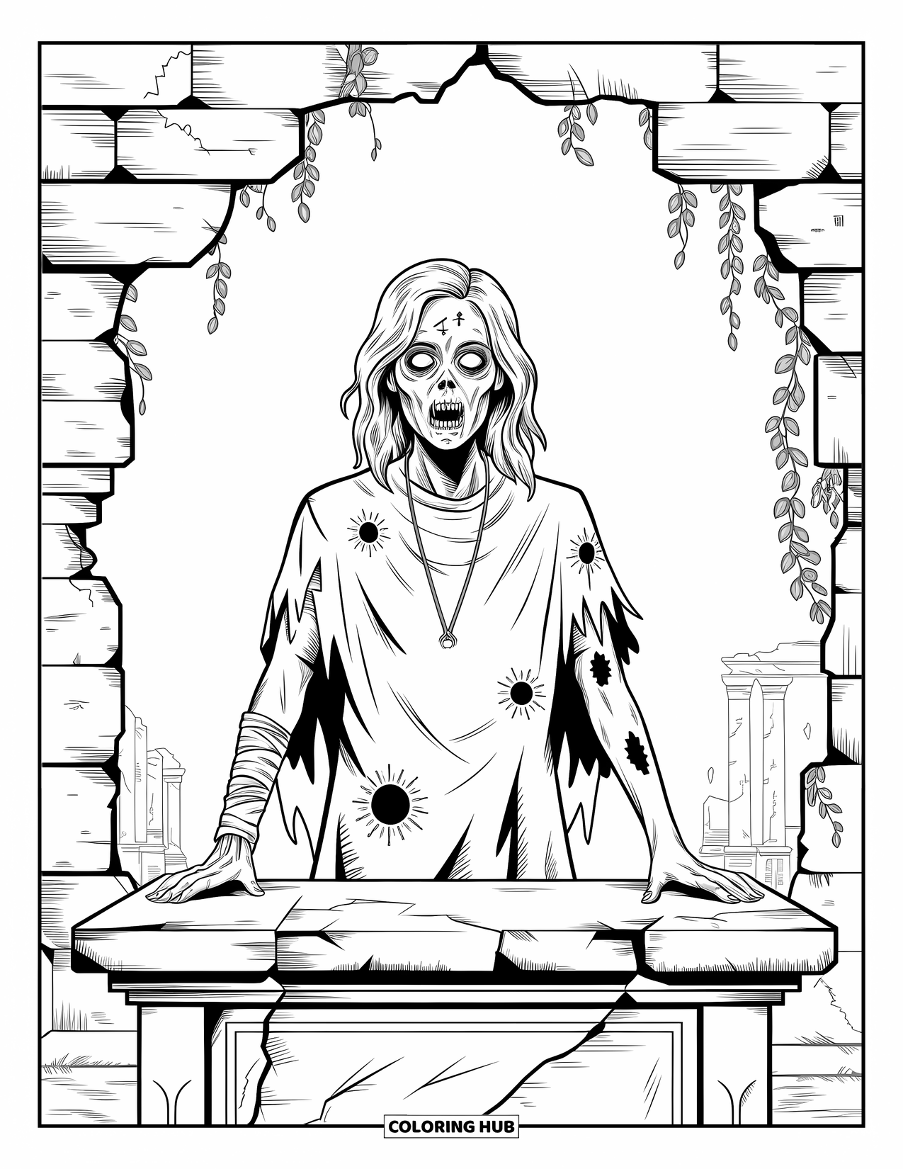 Horror Coloring Page for Adults: A zombie priestess stands before ancient ruins wrapped in vines and swirling designs