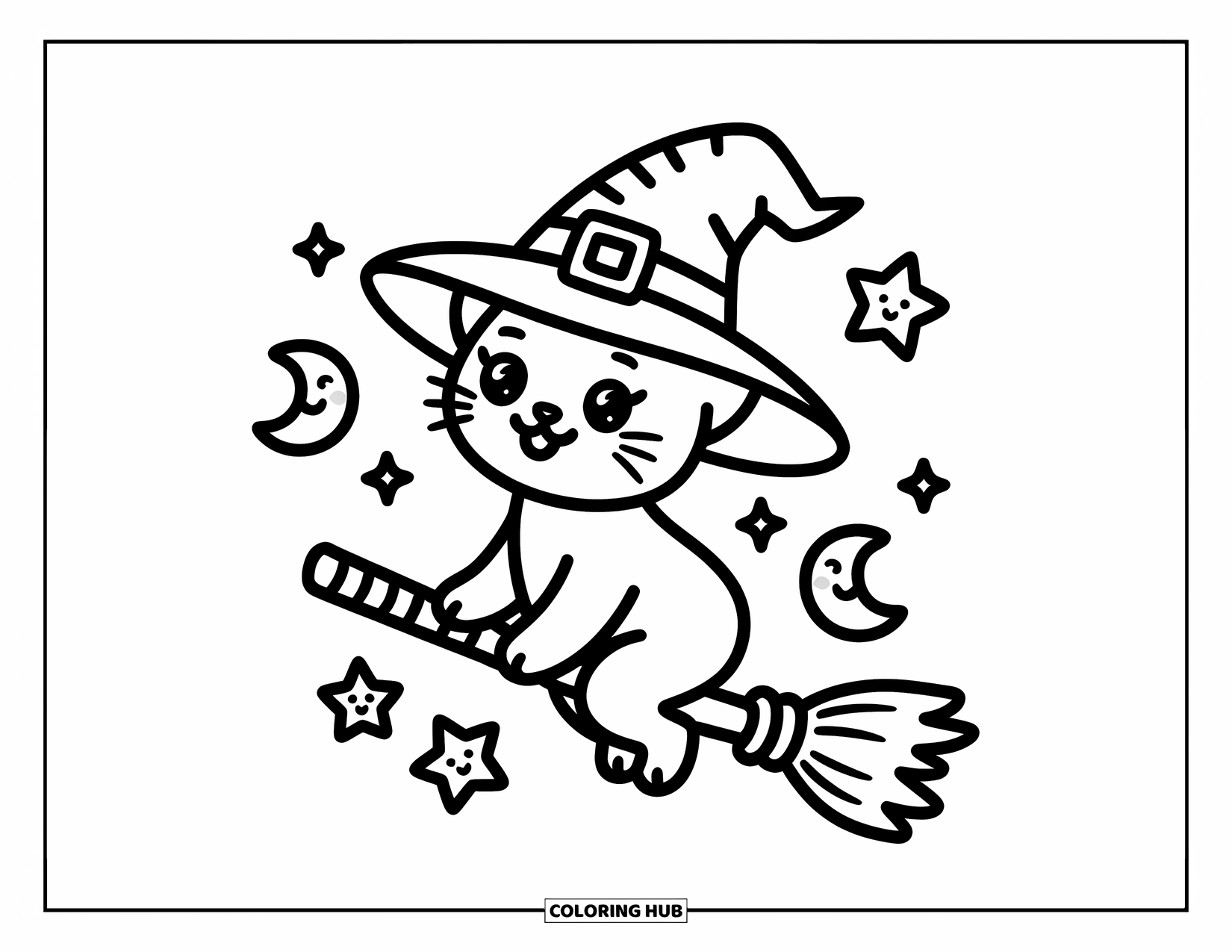 Horror Coloring Page for Adults: An adorable witch cat rides a candy broomstick with smiling moons and sparkling stars