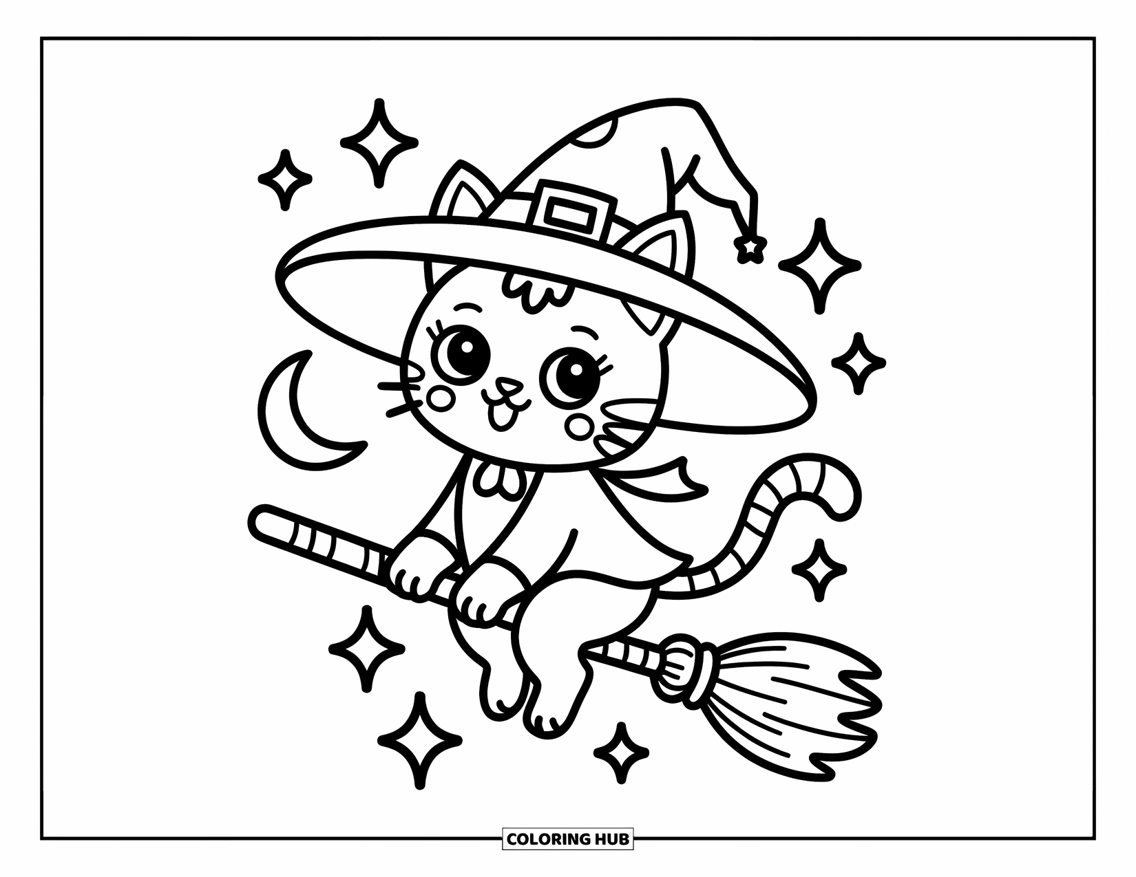 Horror Coloring Page for Adults: An adorable witch cat rides a magical candy broomstick among smiling moons and stars
