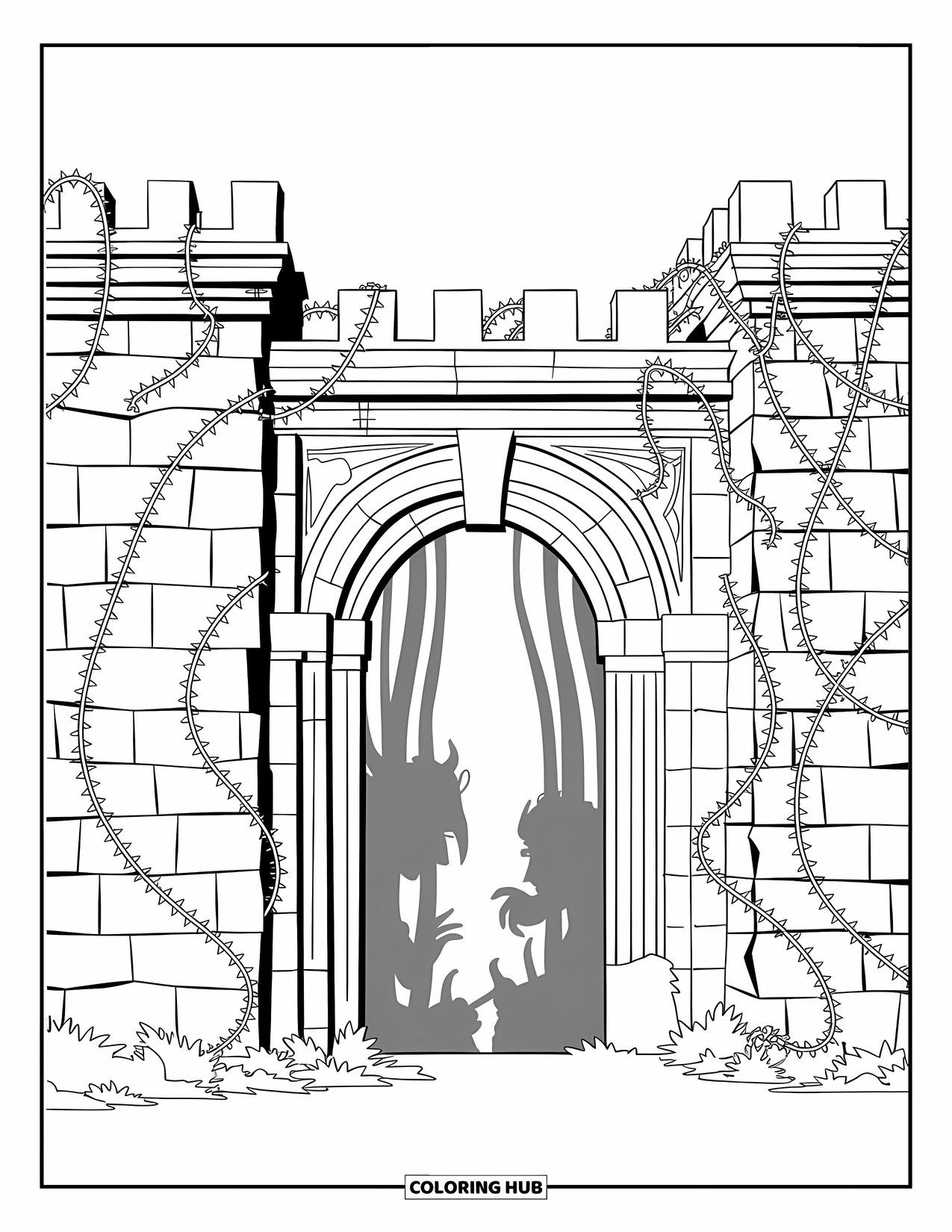 Horror Coloring Page for Adults: An ancient castle gate hidden behind thick, thorny vines and mysterious shadows