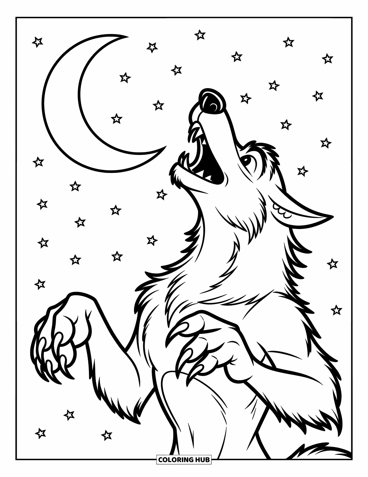 Horror Coloring Page for Kids: A cartoon werewolf howls at the moon with fur flowing wildly in the night breeze
