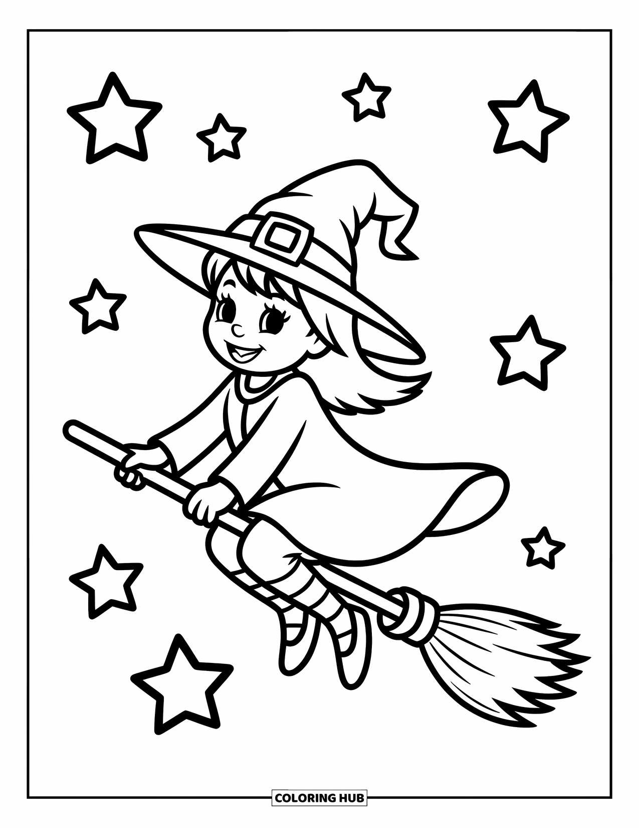 Horror Coloring Page for Kids: A cheerful witch wearing a round hat flies gracefully across a starlit night sky