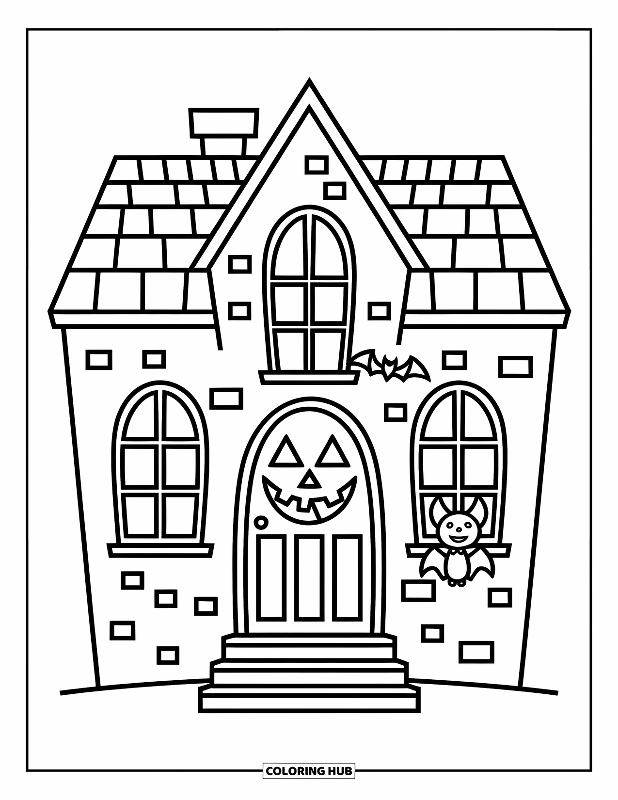 Horror Coloring Page for Kids: A cozy haunted house with crooked windows and a happy bat perched by the roof