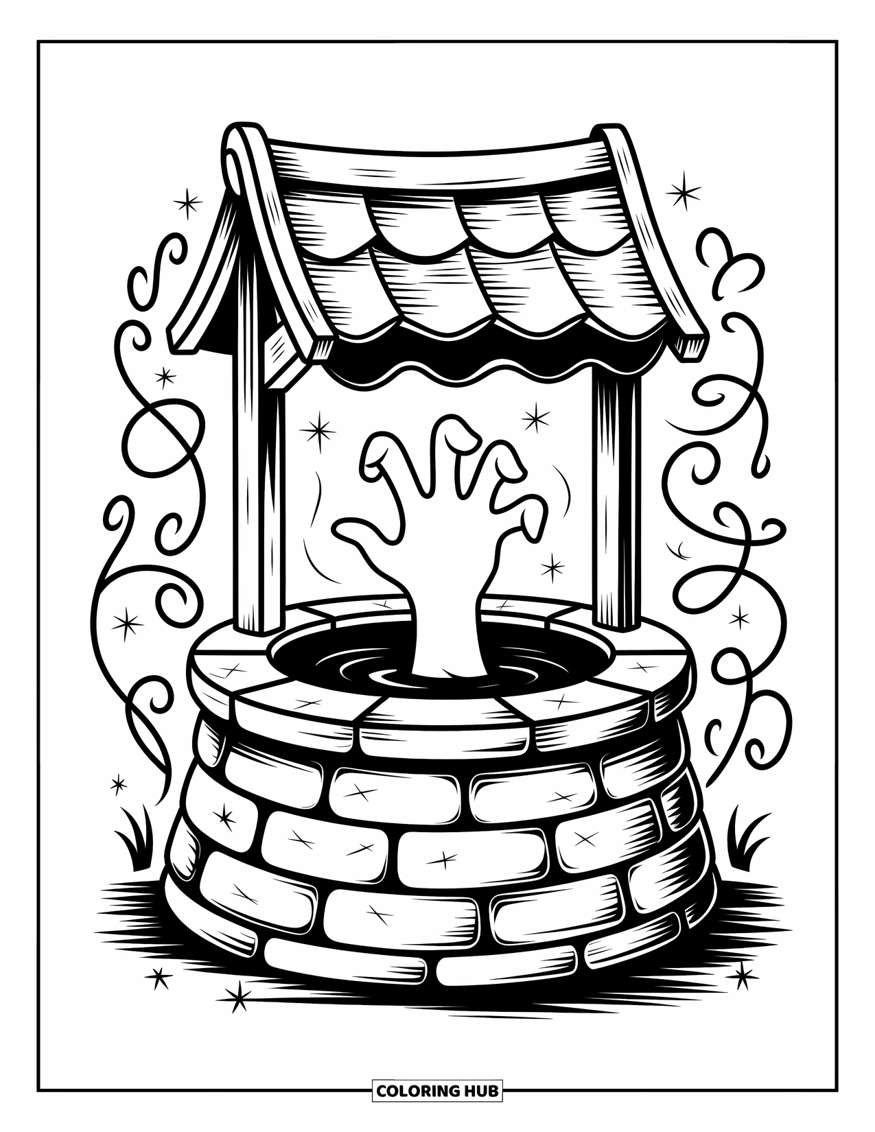 Horror Coloring Page for Kids: A cracked spooky well with swirling vines and a ghostly hand emerging from within
