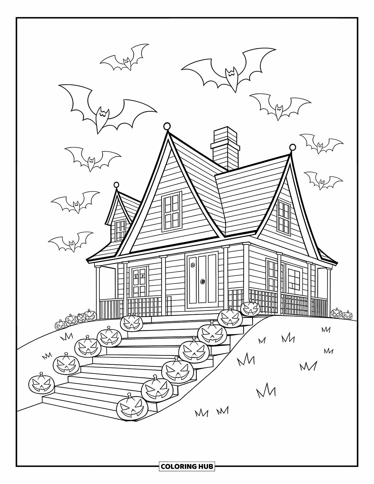 Horror Coloring Page for Kids: A crooked house with pointed windows and pumpkins lines a winding path up the hill