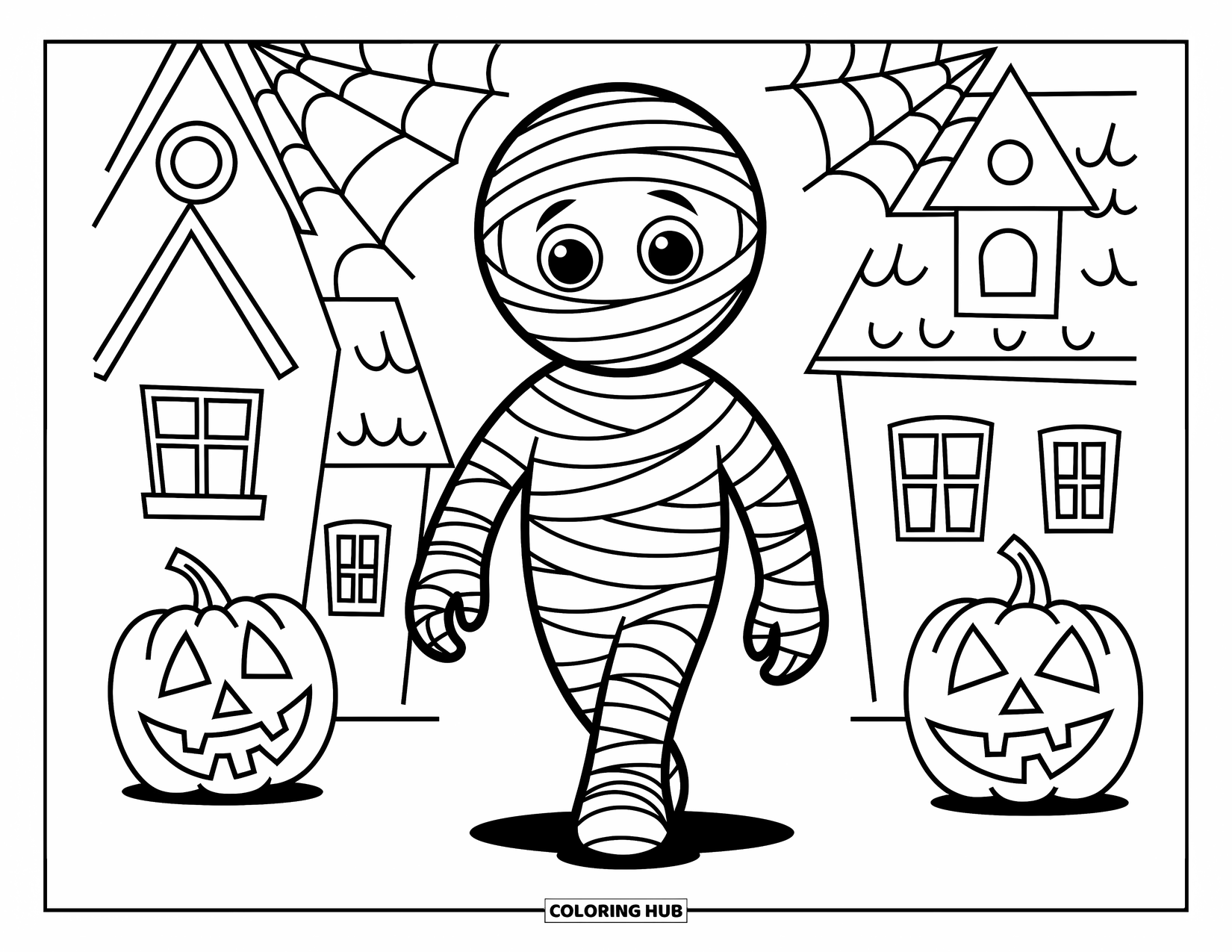 Horror Coloring Page for Kids: A friendly mummy with a big smile strolls past jack-o'-lanterns and cobwebs in a haunted house