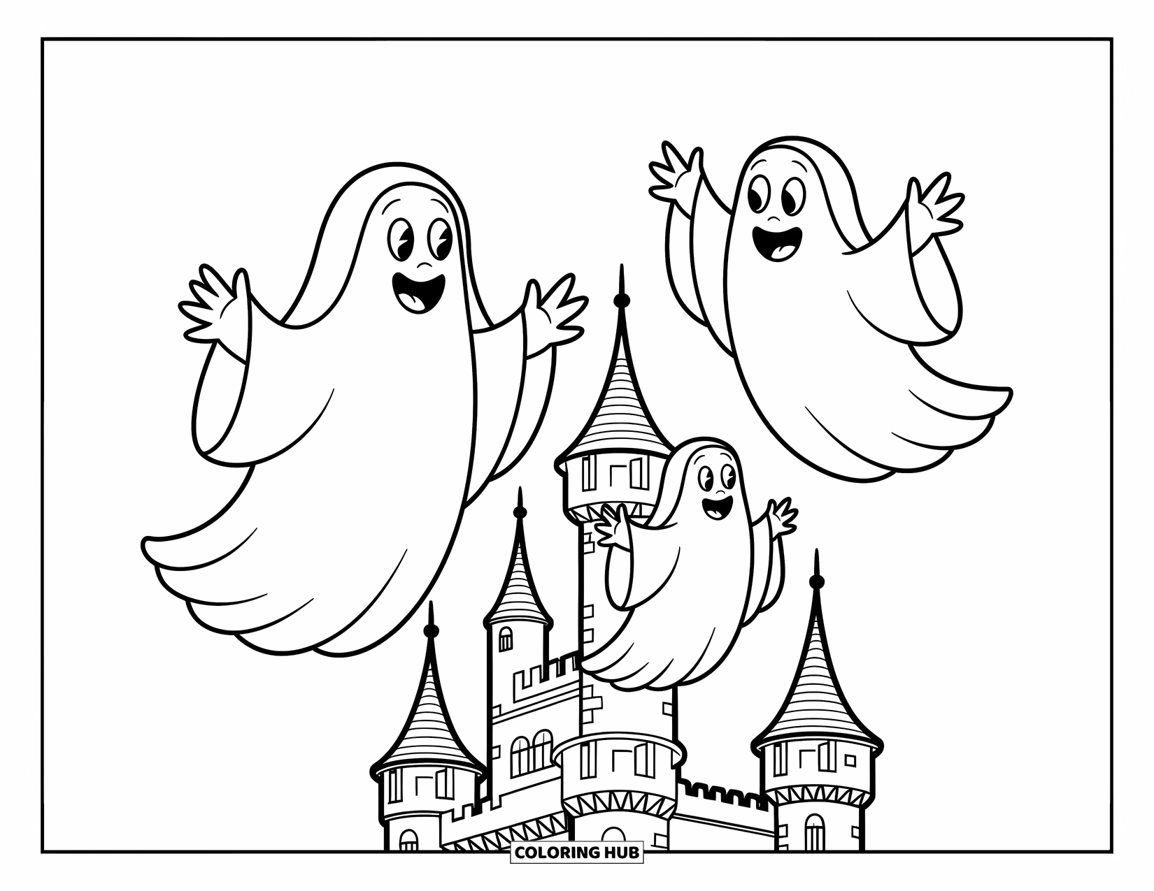 Horror Coloring Page for Kids: A ghost family floats playfully around the towers and rooftops of an old castle